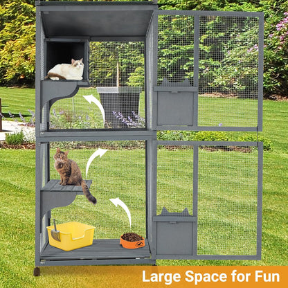 4 Tier Cat Enclosure, 69 Inch Large Catio with Wooden Cabin, Weatherproof Roof, Lockable Caster, Solid Steel, Spacious for Multi-Cat Families, Outdoor and Indoor Use, Grey
