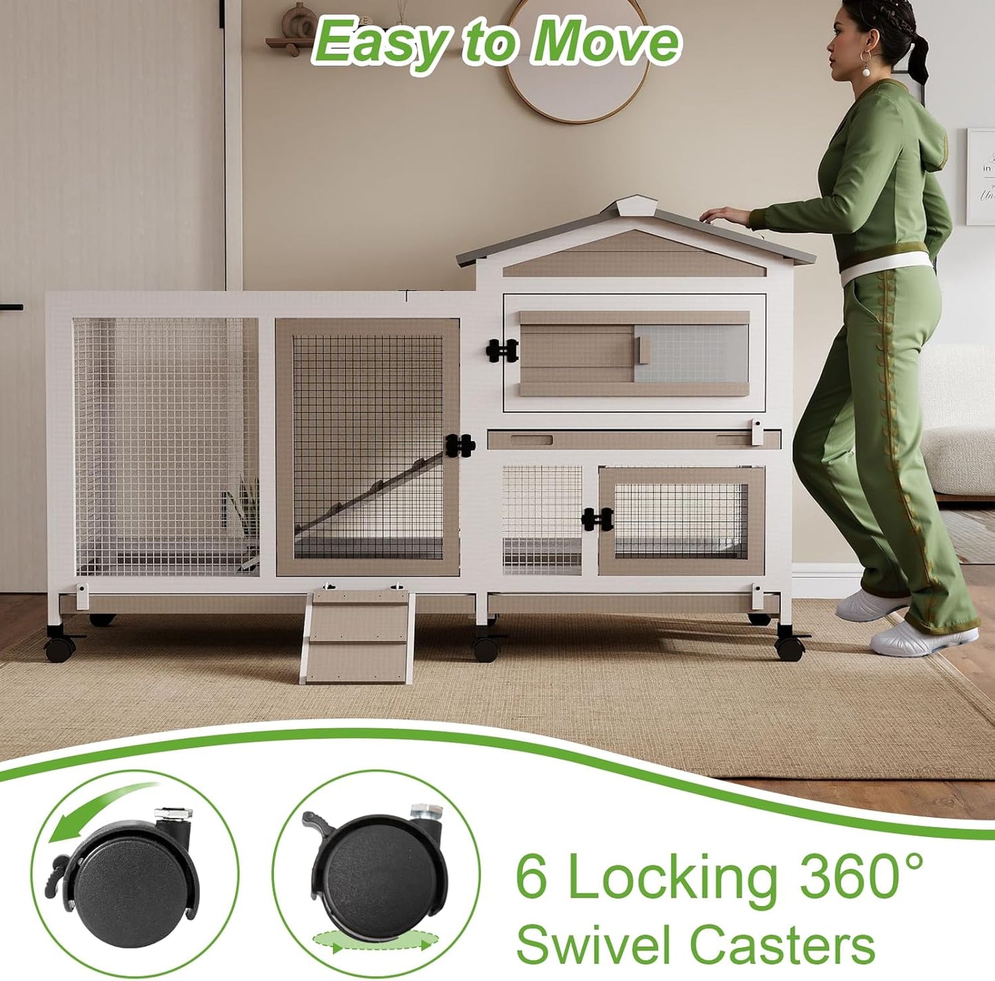 2 Story Rabbit Hutch Outdoor Indoor, Wooden Bunny Cage with 6 Lockable Wheels, 3 Removable No Leakage Pull Out Trays, Chew-Proof Ramp & Waterproof Roof, Ideal for Rabbit & Guinea Pig