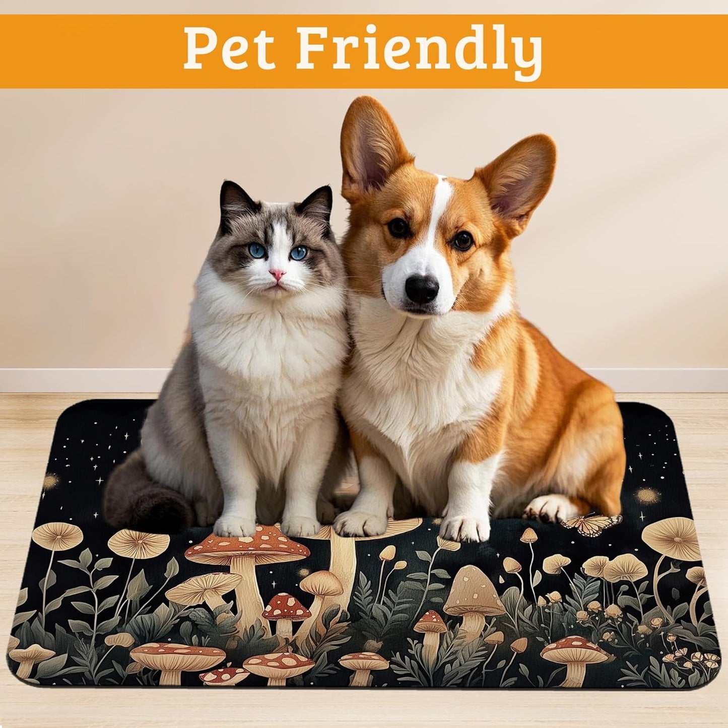 Fantasy Mushroom Dog Cat Food Mat,Butterfly Stars Absorbent Waterproof Placemat for Food and Water Non Slip Rubber Backing Durable Feeding Pad for Clean Floors 16" x 24"