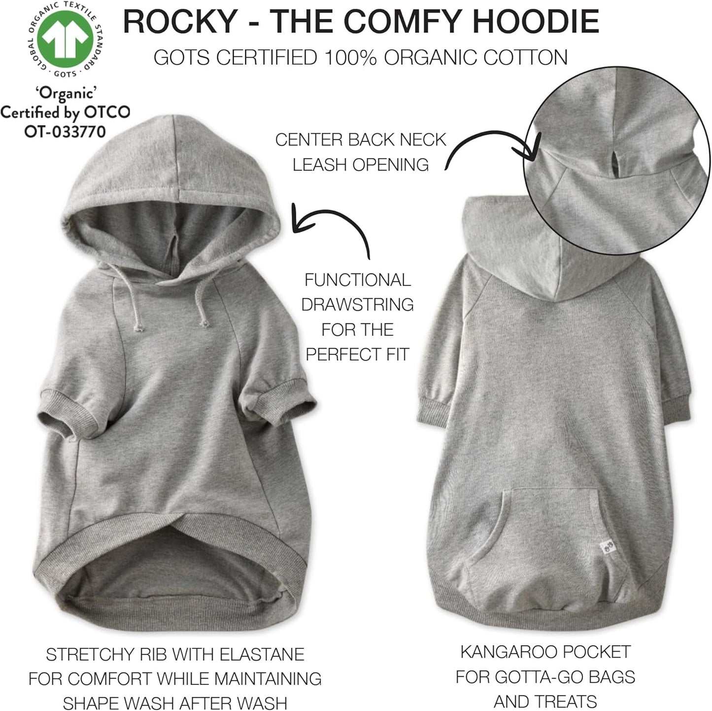 Rocky – The Orginal Lightweight Hooded TEE 100% Organic Cotton Dog Hoodie Pet Coat Sweater for Small, Medium, Large Dogs, Heather Gray, Medium (20-45 lbs)