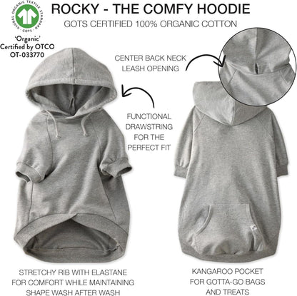 Rocky – The Orginal Lightweight Hooded TEE 100% Organic Cotton Dog Hoodie Pet Coat Sweater for Small, Medium, Large Dogs, Heather Gray, Medium (20-45 lbs)