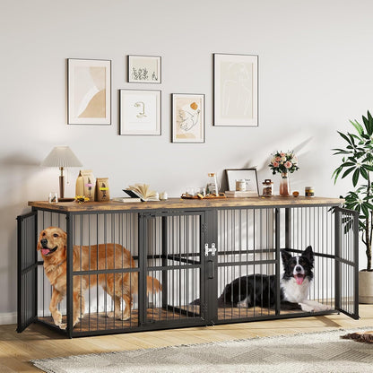 87 Inch Extra Large Double Dog Crate Furniture with Divider, Heavy Duty Kennel with 3 Lockable Doors, Wooden Indoor Pet House TV Stand for 2 Small Medium Large Dogs, Black