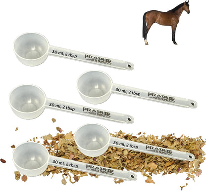 Prairie Horse Supply Supplement Scooper, Durable Measuring Spoons & Pet Food Scoop for Accurate Dosages, Ideal for Horse, Pet & Animal Supplements, 4.5 Inch Long Handle, 30ml/2 Tablespoons (5 Pack)