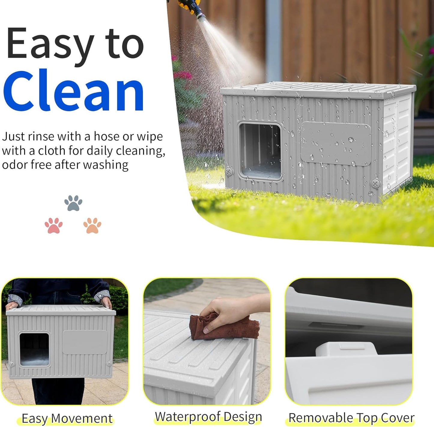 Waterproof Outdoor Cat House with Soft Mat, Plastic Cat Houses for Outdoor Cats Feral Cat House, Sturdy Cat Bed for Small Pet, Spacious, Assemble Easily-Grey