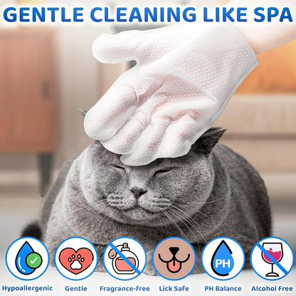Premium Pet Wipes for Dogs & Cats - 6 Pcs - Disposable Washing Gloves for Bath & Grooming - Clean & Dry Paws, Fur, Face, Ears, Butt & Body - Hypoallergenic, Lick-Safe & Waterless Cleaning Gloves