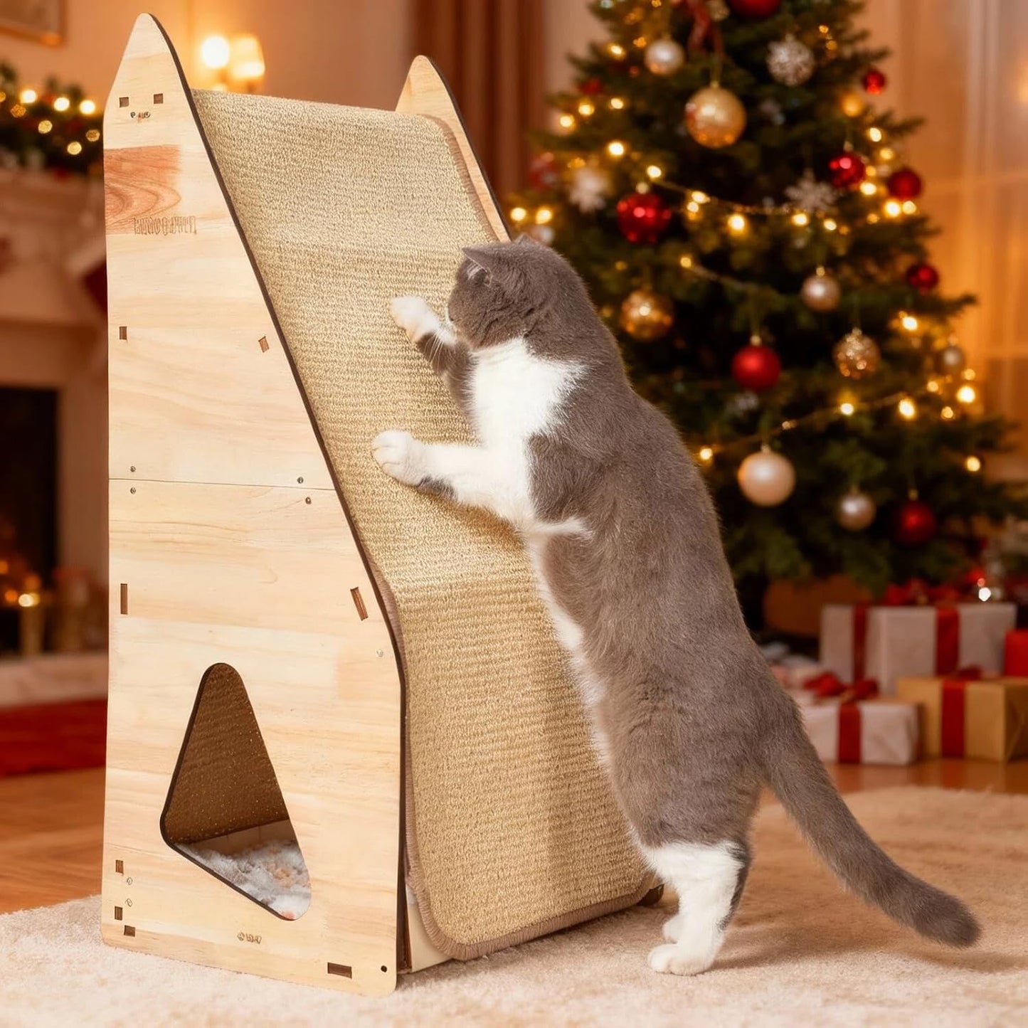 Cat Scratching Post Set: Enhanced Wood-Framed Cat Scratch Post (32in) + Cat Scratch Protector Pads (Beige)