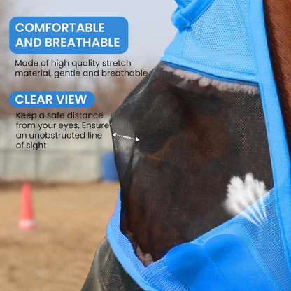Fly Masks for Horses with Ears and Nose Cover Large Eye Space, Adjustable Horse Fly Mask for Daily UV Protection Breathable Comfort Fit Riding & Competition(Blue, L)