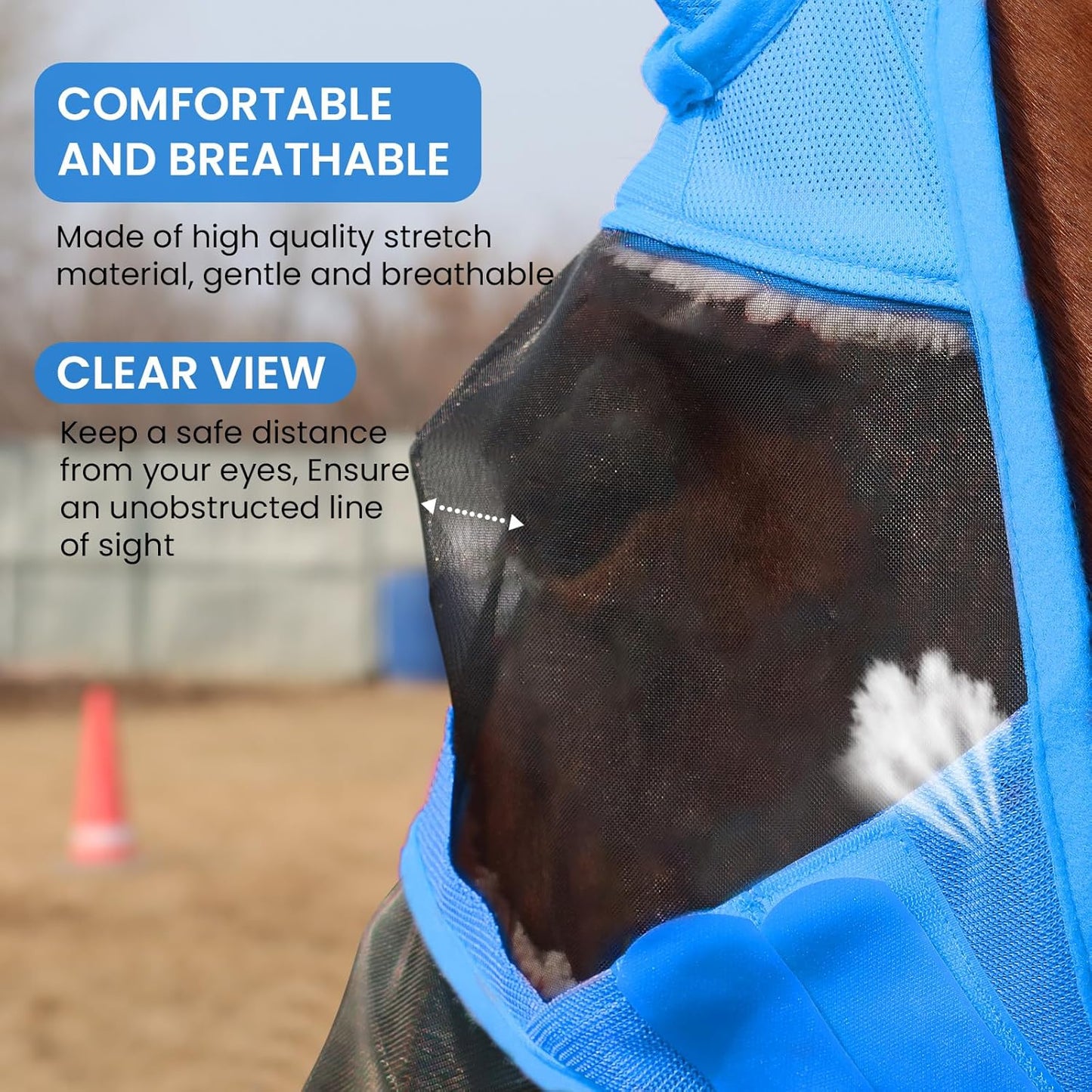 Fly Masks for Horses with Ears and Nose Cover Large Eye Space, Adjustable Horse Fly Mask for Daily UV Protection Breathable Comfort Fit Riding & Competition(Blue, L)