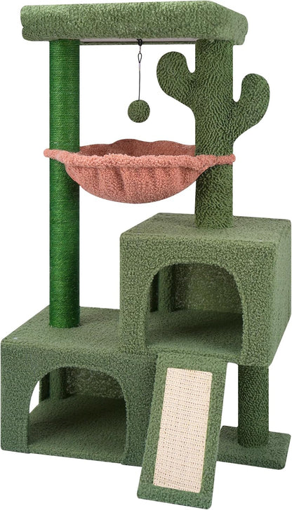 37.4" Cactus Cat Tree Tower with Twin Cat Condos for Indoor Cats, All-in-One Activity Center with Cat Scratching Post Cozy Sleeping Perch Hammock and Toy Balls,Green …