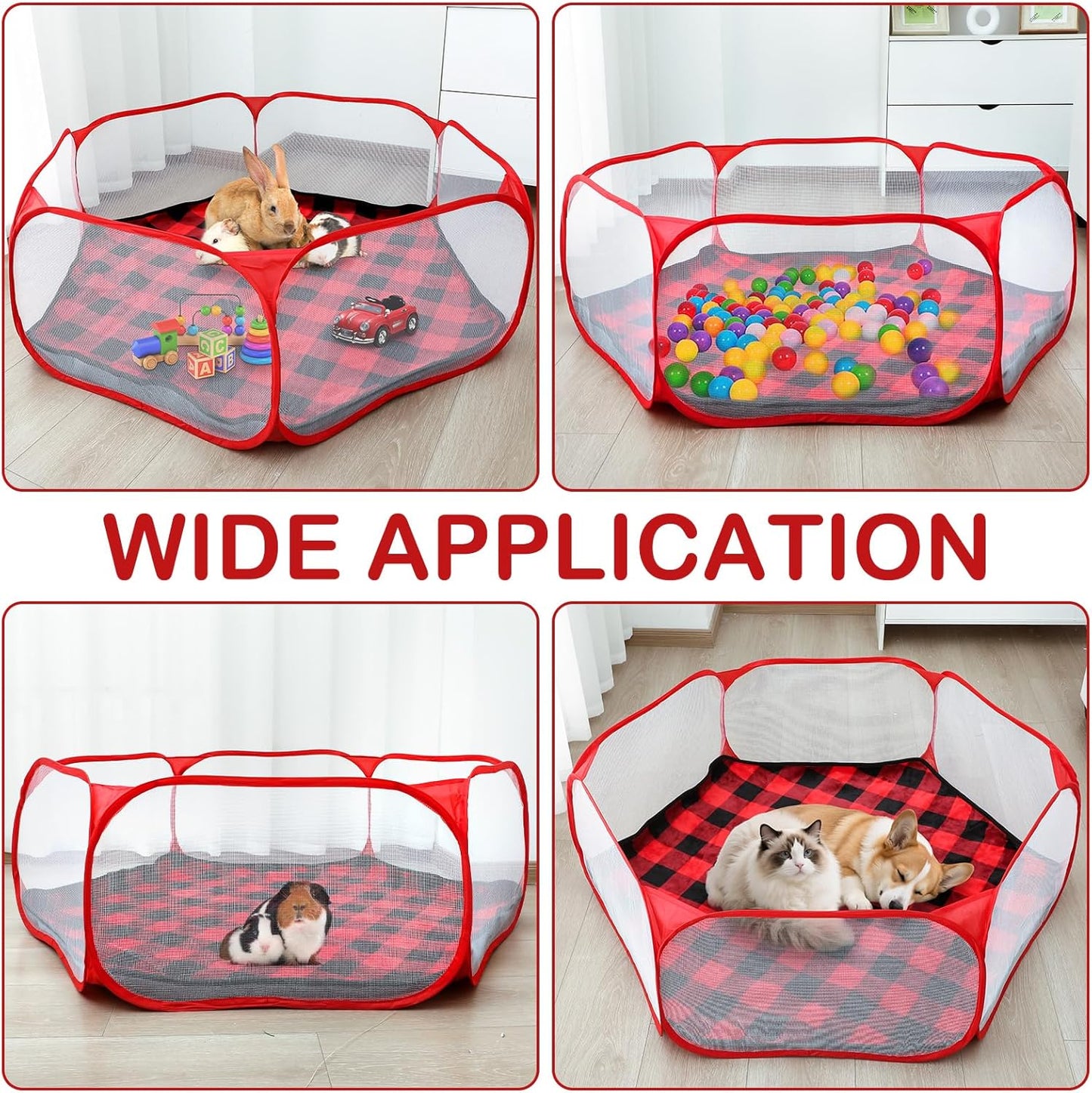 VitalCozy Hamster Playpen with Mat Small Animal Cage Tent Breathable Transparent Guinea Pig Playpen Waterproof Portable Yard Fence Mat Foldable Exercise Cage Outdoor Indoor (Red,Christmas Plaid)