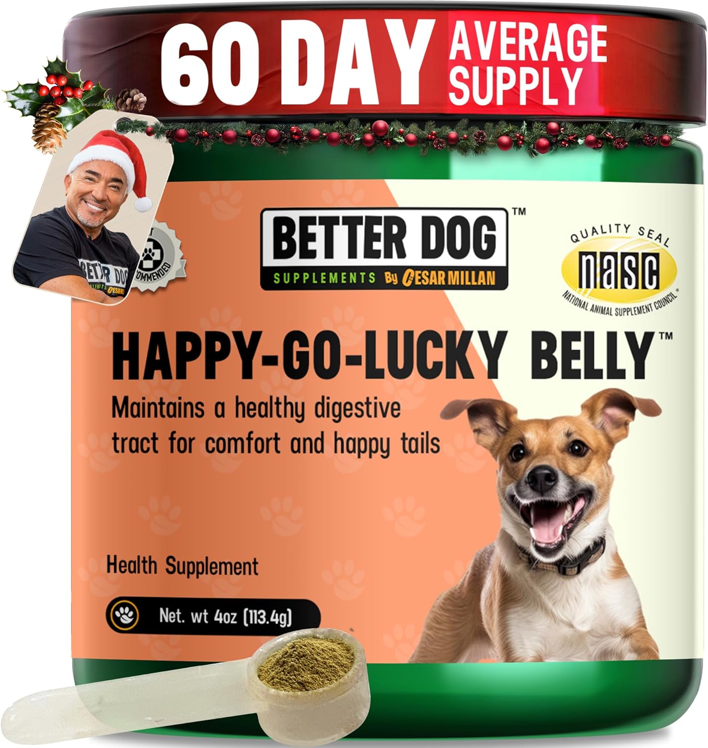 Better Dog Supplements Happy-Go-Lucky Belly by Cesar Millan – Natural Digestive Support Powder for Dogs – Upset Stomach Relief, Gut Balance & Regularity with Herbal Fiber Blend – 4oz (60-Day Supply)