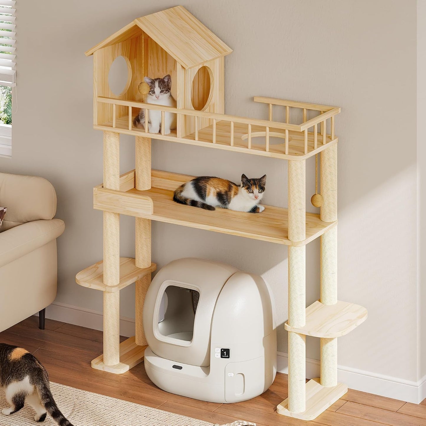 Wood Cat Tree for Automatic Litter Box, 60" Tall Cat Tower for Self Cleaning Litter Box, Cats Tree for Indoor Cats Large Adult, Multi-Level Solid Wood Cat Furniture w/Scratching Post, House