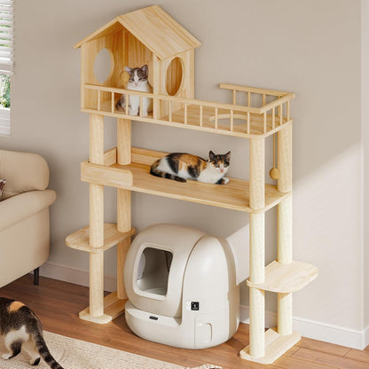 Wood Cat Tree for Automatic Litter Box, 60" Tall Cat Tower for Self Cleaning Litter Box, Cats Tree for Indoor Cats Large Adult, Multi-Level Solid Wood Cat Furniture w/Scratching Post, House