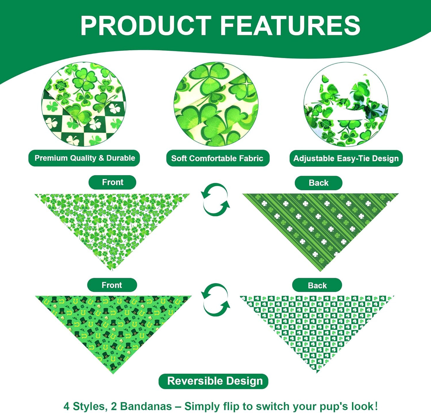 St. Patrick’s Day Bandanas 2-Pack - Reversible Leprechaun Hats Shamrock Scarf for Medium to Large Dogs, Green & White Costume Accessories for Irish Gift