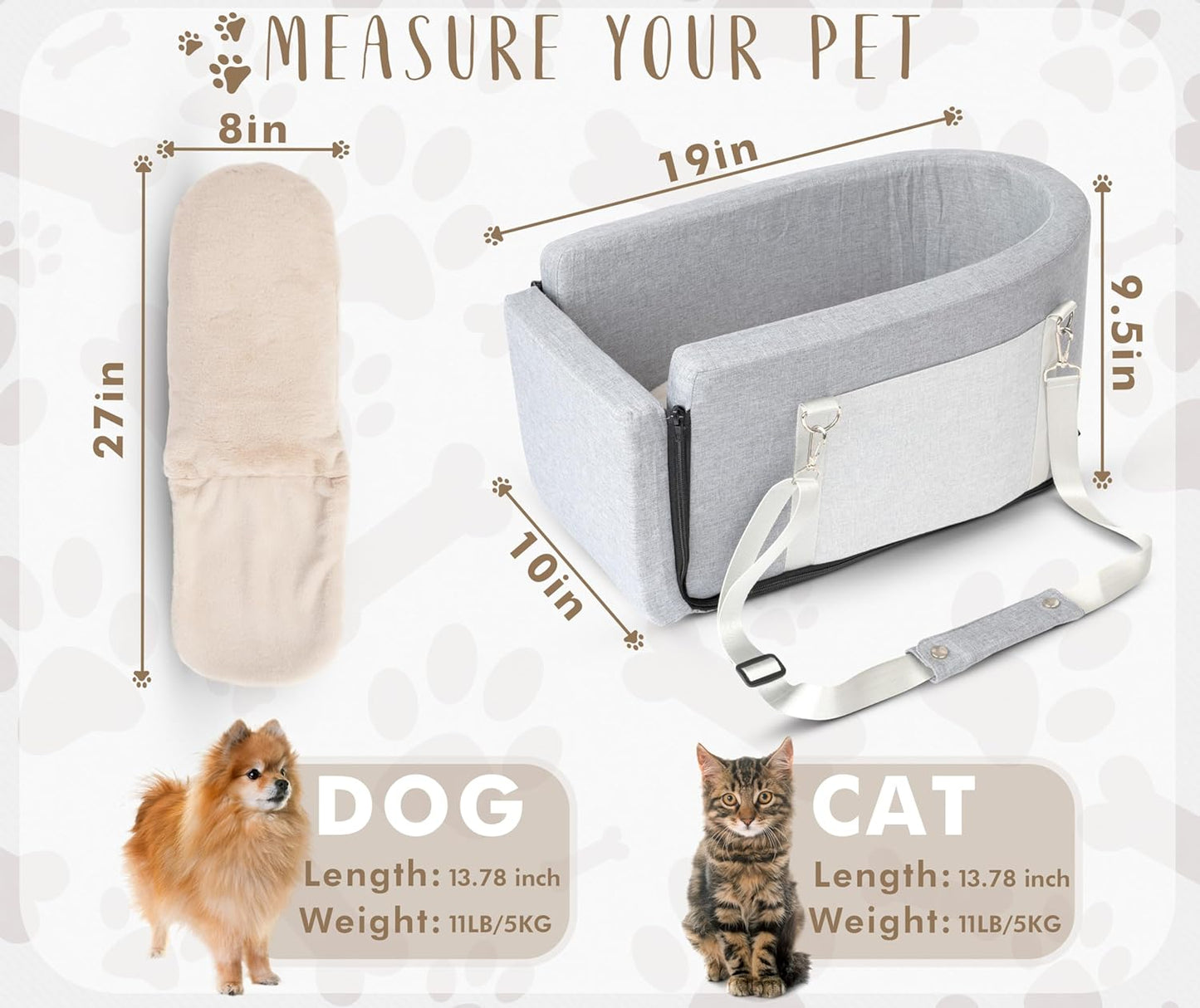 Multi-Function Small Dog Car Seat Center Console & Carrier - Sturdy Console Dogs Car Seats for Small Dogs & Cats, Pet Dog Bed for Cars Back Seat for Up to 11 lbs, 19 x 10 x 9.5 Inches, Gray