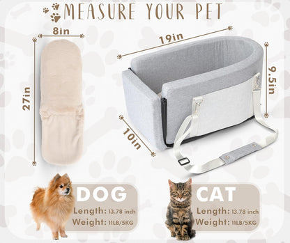 Multi-Function Small Dog Car Seat Center Console & Carrier - Sturdy Console Dogs Car Seats for Small Dogs & Cats, Pet Dog Bed for Cars Back Seat for Up to 11 lbs, 19 x 10 x 9.5 Inches, Gray