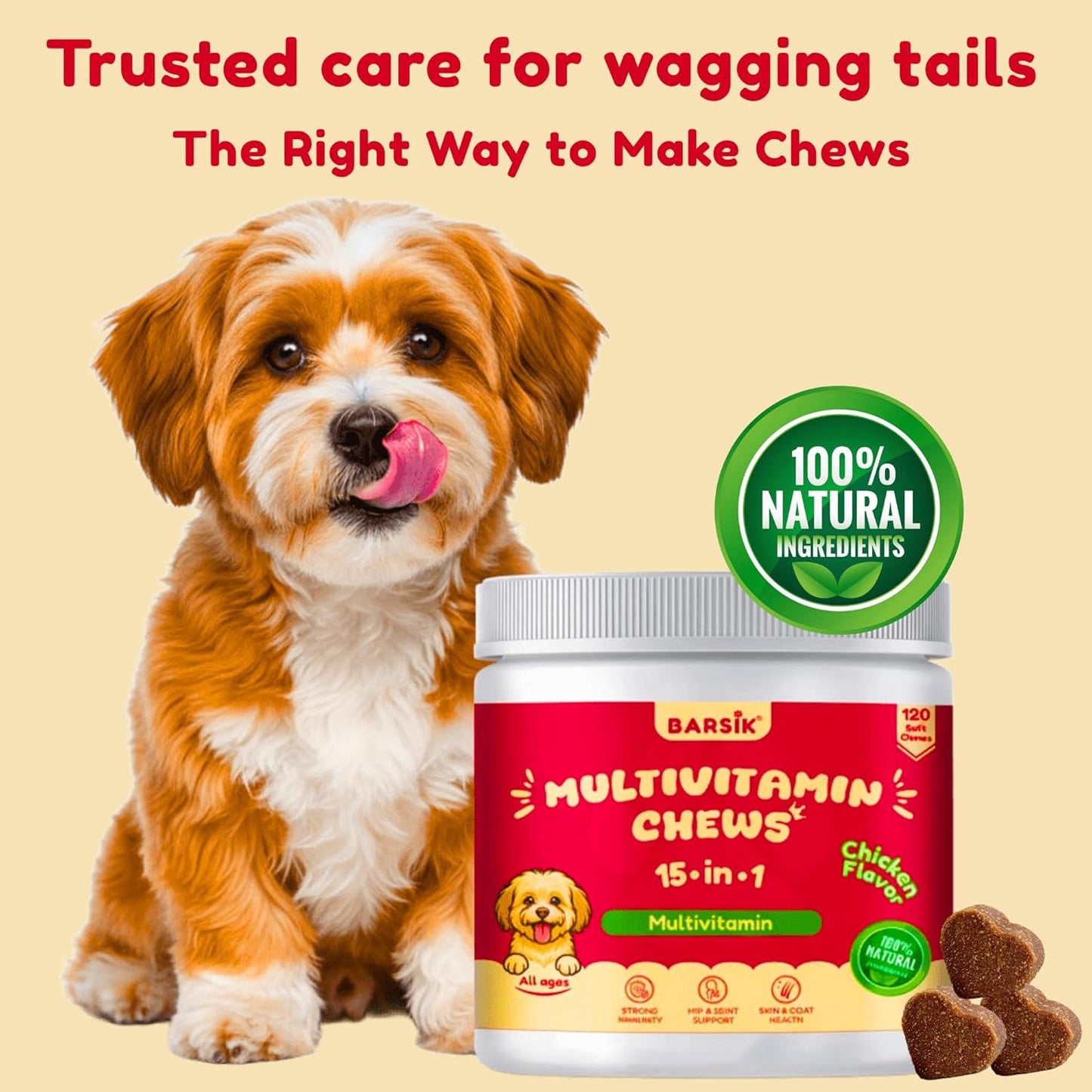 Dog Multivitamin, chewable multivitamin for Dogs, Supplements for Hip & Joints, Skin & Coat, Omega 3 Oil for Immune, Heart & Digestive Health, Senior & Puppy Multivitamin - Chicken Flavor - 120ct