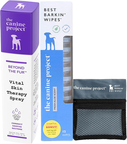 Dog Skin Spray & Grooming Wipes Bundle - Anti-Itch Spray with Aloe + Paw, Ear & Butt Dog Wipes (12-Pack) Gentle First Aid & On-The-Go Cleaning