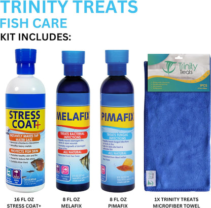 Aquarium Care Kit with MeIafix 8 oz, PlMAFlX 8 oz, Stress Coat 16 oz, and Trinity Treats Microfiber Cleaning Cloth for Freshwater Fish Tank Maintenance