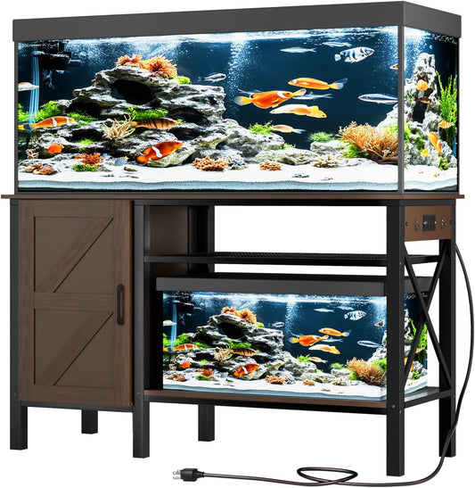 55-75 Gallon Fish Tank Stand - Heavy Duty Aquarium Stand with Power Outlets, Cabinet for Fish Tank Accessories Storage, Metal Frame, Suitable for Fish Tank, Turtle Tank, 880LBS Capacity, Brown