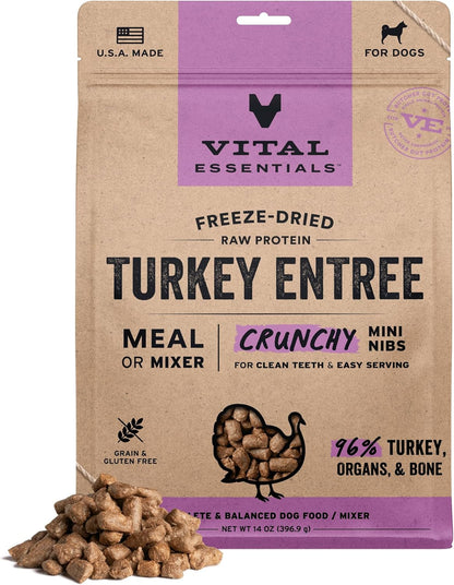 Vital Essentials Freeze-Dried Raw Turkey Crunchy Mini Nibs | Complete Meal or Mixer Dog Food | 14 oz
