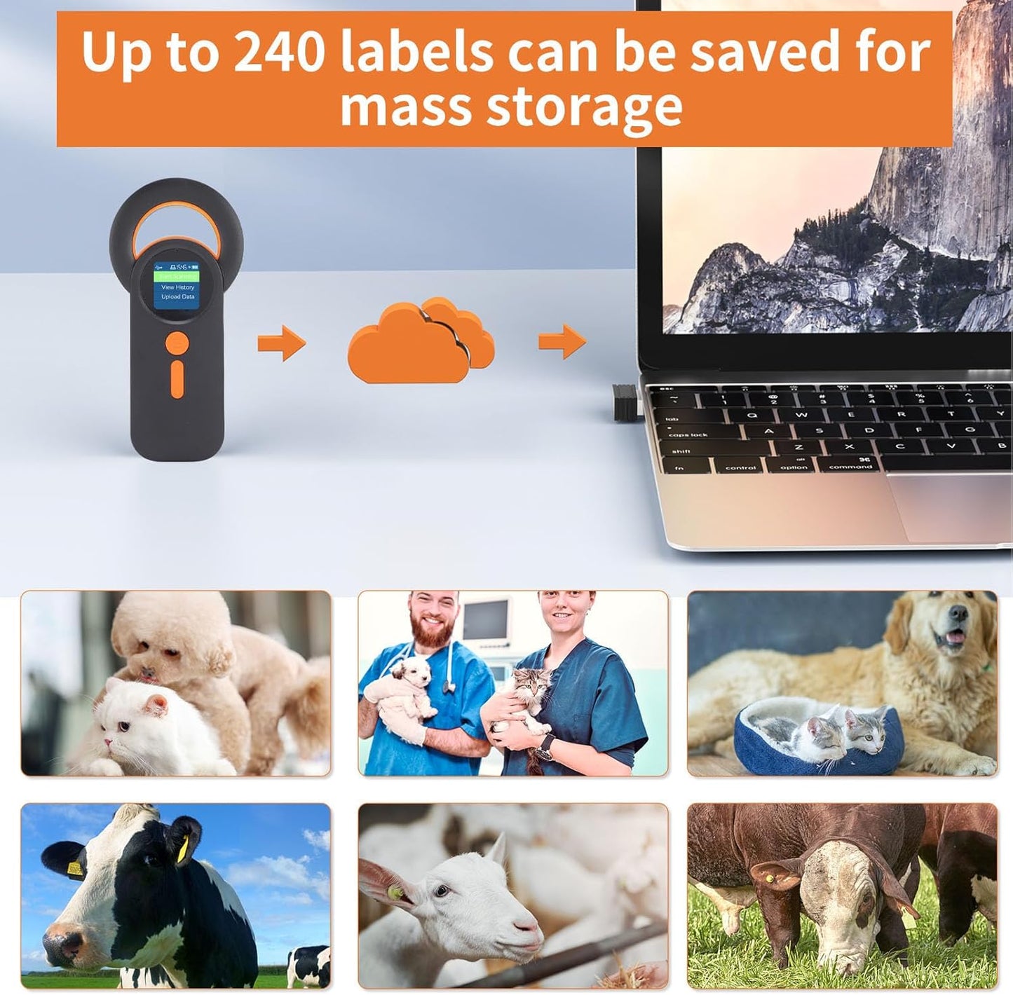 Fafeicy Animal Chip Scanner, EMID FDX B Pet Chip Reader with 1.44 Inch TFT Screen 240 Data Storage, for 134.2KHz 125KHz Glass Digital Tag Reading