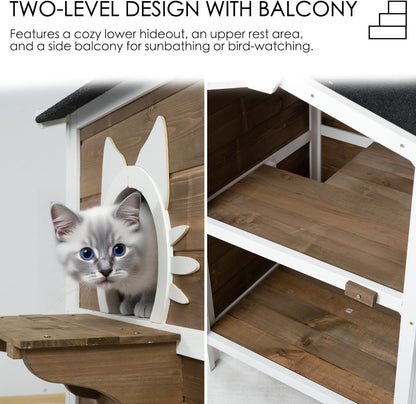 Large Outdoor Cat House, 2-Level Weatherproof Spruce Wood, 32W x 22.75D x 36H inches, Gray