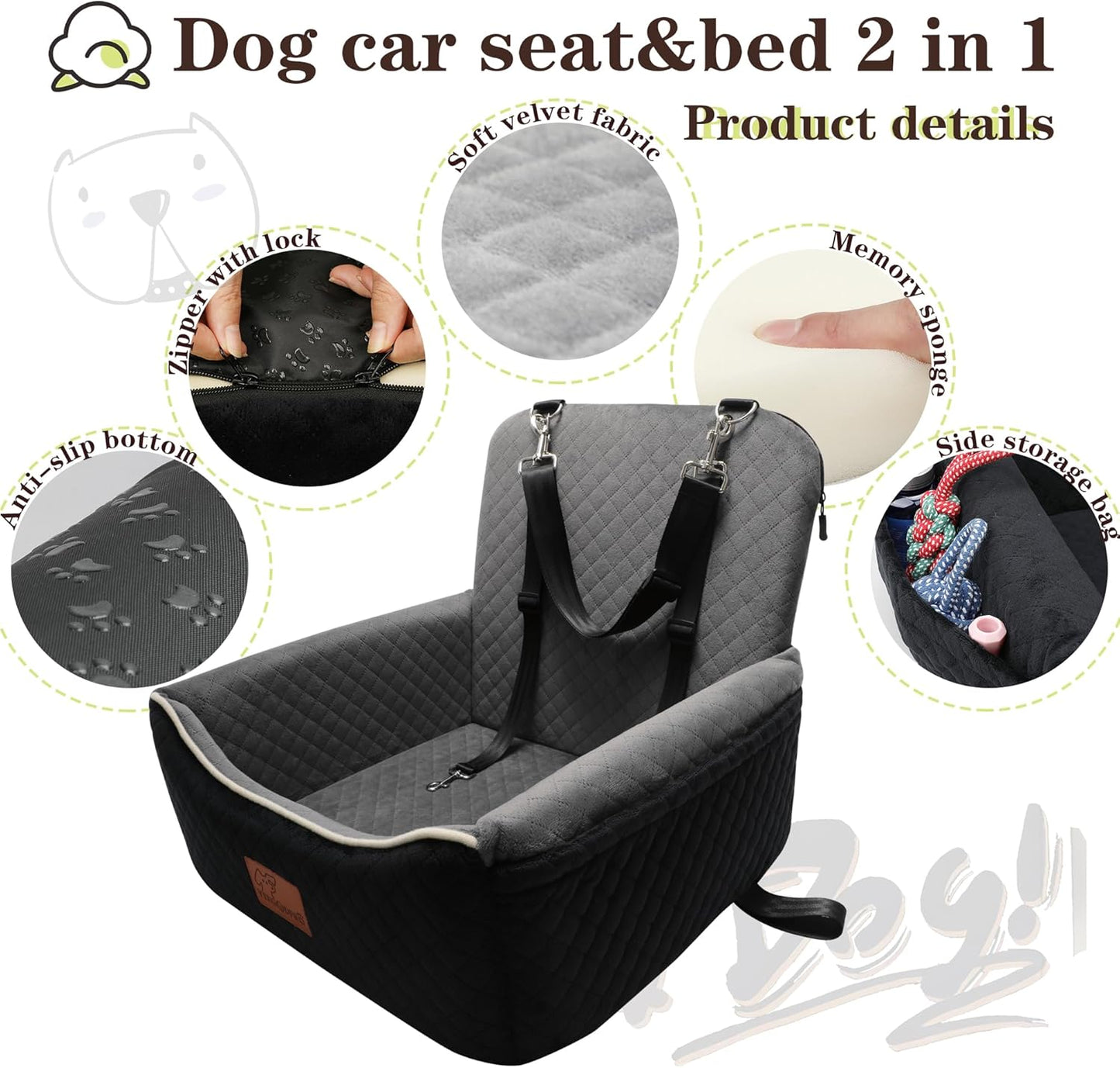 Dog Car Seat Bed 2 in 1 for Small/Medium Dogs up to 35 lbs,Adjustable Safety Leashes,Memory Foam with Soft Fabric Pets Travel Car Bed,Easily Installed in Front and Back seat,Removable and Washable.