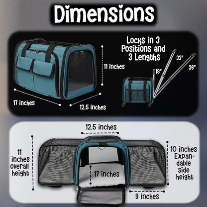 Pet Carrier with Wheels | Delta American Frontier Airline Approved | Two Expandable Sides, Storage Pockets Adjustable Leash | Rolling Dog and Cat Carrier TSA Compliant (Blue 17x12.5x11)