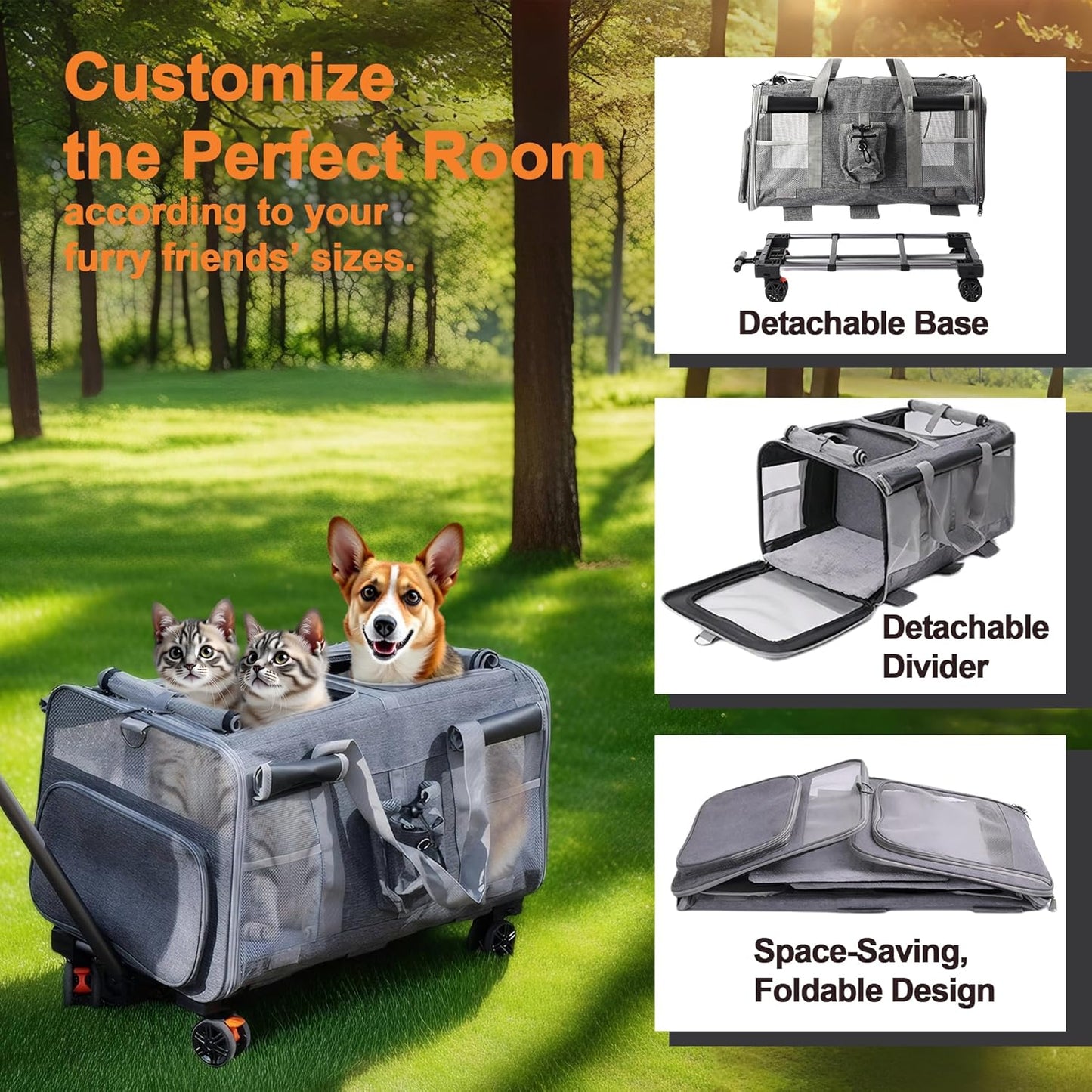 Large Cat Carrier with Wheels – Double-Compartment Foldable Pet Dog Carrier with Wheels for Multi Pets – Soft Rolling Backpack with Detachable Divider, Water Pocket, for Travel Camping Hiking