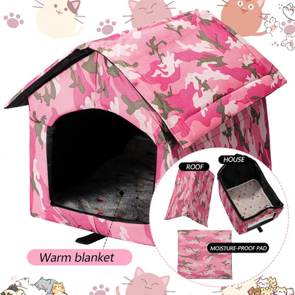 3 Set Waterproof Stray Cats Shelter Cat Houses for Outdoor Winter Warm Foldable Pet Cave with Soft Blankets Animal Tent Bed for Winter Feral Puppy Weatherproof(Style 2,Pink)