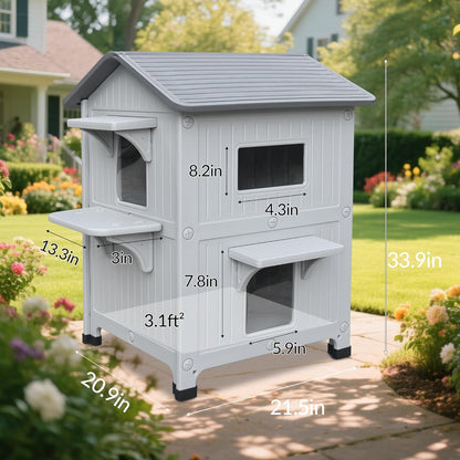 Weatherproof Heated Outdoor Cat House for Feral Cat, 2 Storey Elevated Plastic Insulated Cat Shelter with Escape Door, Expansive Interior‌ Grey 34" D x 21" W x 21.5" H