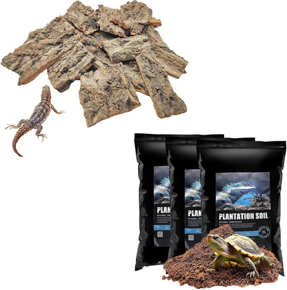 VCEPJH Reptile Bark Bedding,1 LB Natural Cork Bark for Geckos and Loose Coconut Fiber Substrate 3 Pack Natural Coco Coir Reptile Bedding for Tarantula Snake Bearded Dragon Spiders Hermit Crabs