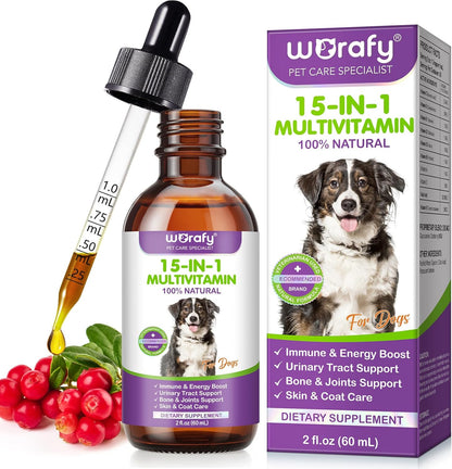 Dog Multivitamin Drops, 15 in 1 Multivitamin Liquid for Dog with Vitamin C-20 Mg, Vitamin D-100 Iu & B1-3,Dog Health Supplements for Skin Care, Joints & HIPS,Gut