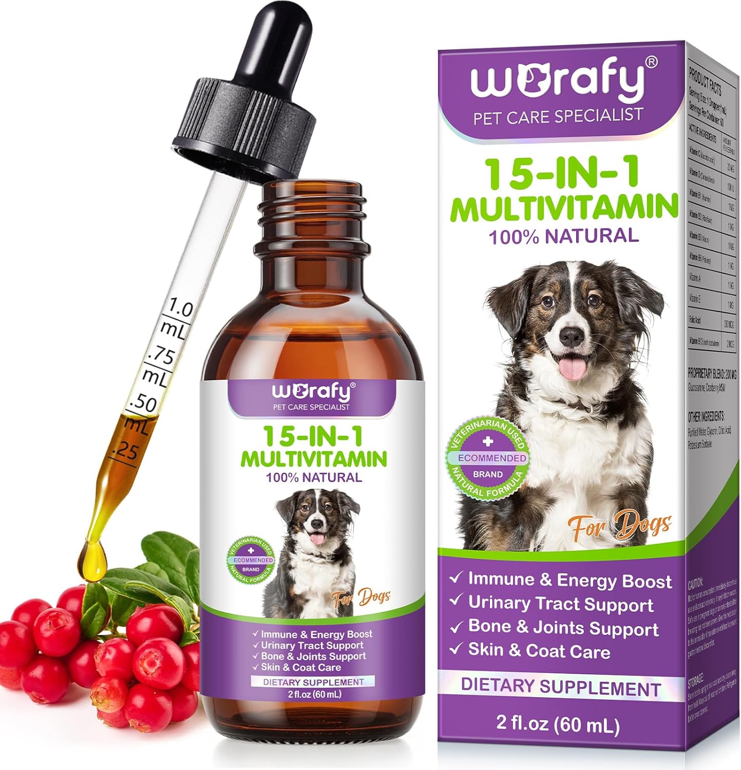 Dog Multivitamin Drops, 15 in 1 Multivitamin Liquid for Dog with Vitamin C-20 Mg, Vitamin D-100 Iu & B1-3,Dog Health Supplements for Skin Care, Joints & HIPS,Gut