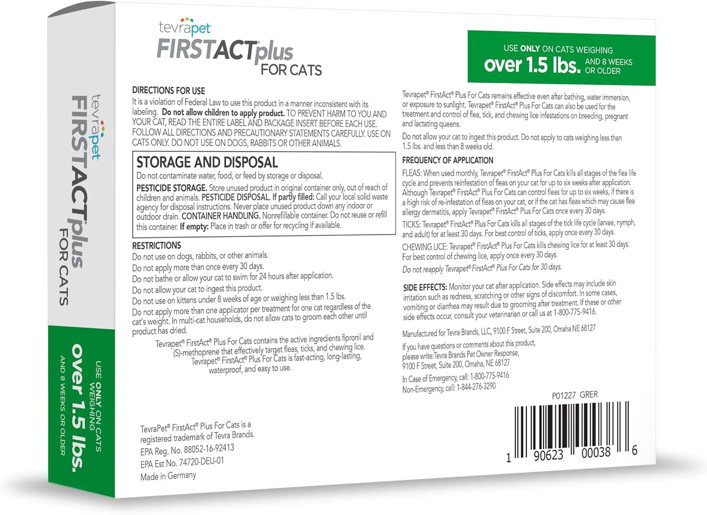 TevraPet FirstAct Plus Flea and Tick Prevention for Cats Over 1.5lbs, 6 Monthly Doses, Topical Drops