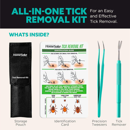 Homesake Tick Remover Tool & Tweezer Set for Dogs, Cats & Humans – Stainless Steel Tick Removal Kit with Storage Pouch & Free Tick ID Card – Safe & Effective Tick Puller