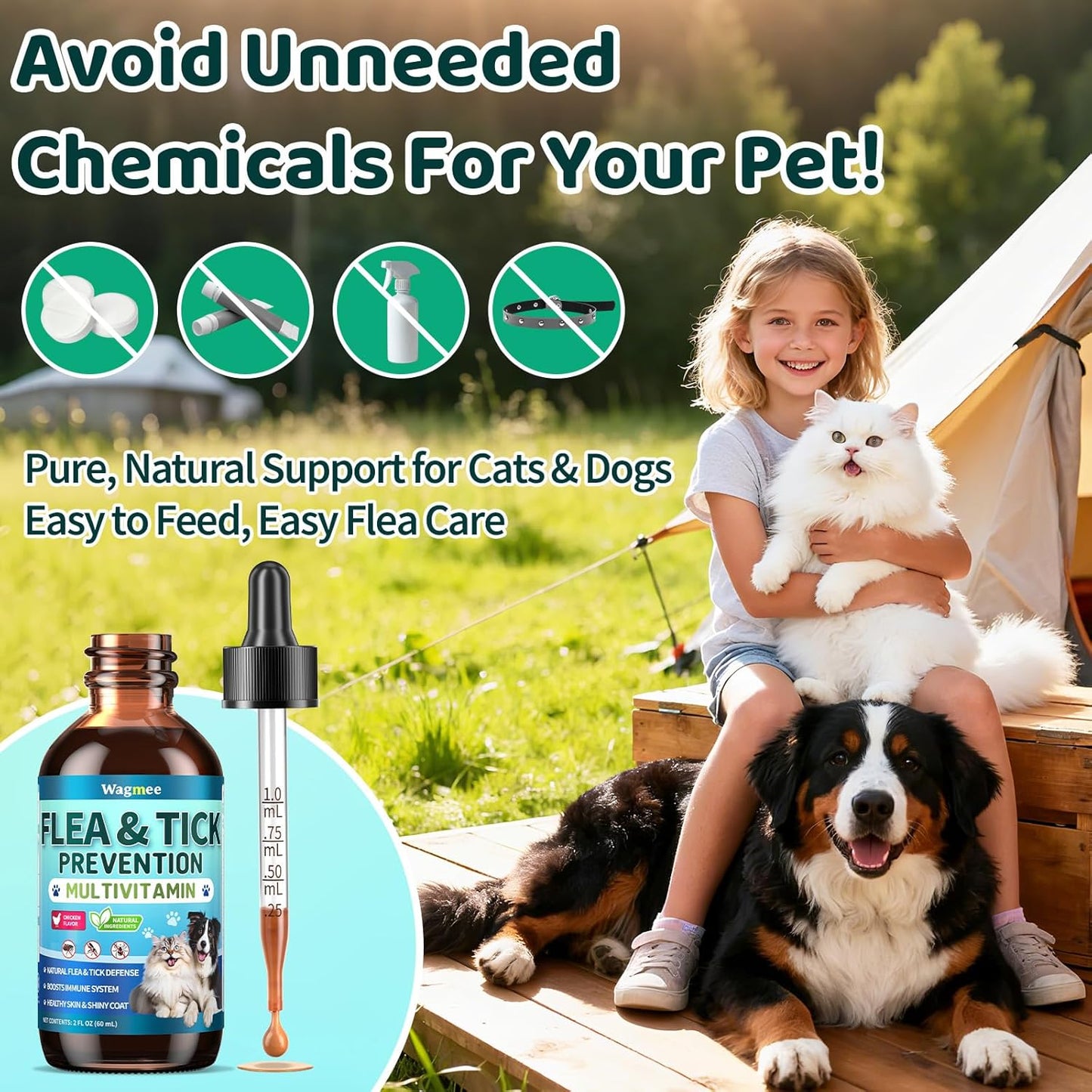 Oral Flea & Tick Support for Dogs and Cats, Natural Flea and Tick Prevention with Multivitamins - Flea Herbal Supplement Drops for Healthy Skin & Shiny Coat Support - All Breeds and Ages - Chicken
