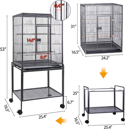 HSM 53 Inch Wrought Iron Large Bird Flight Cage with Rolling Stand for African Grey Parrot Cockatiel Sun Parakeet Conure Lovebird Canary