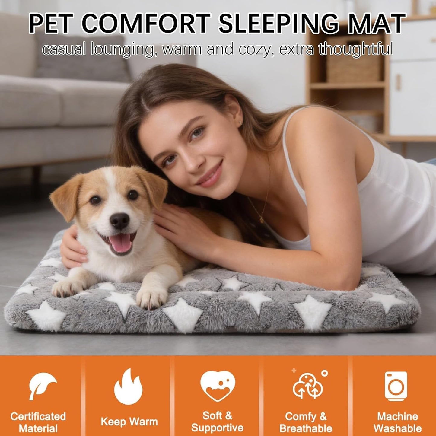 Dog Bed Mat, Reversible Crate Pad & Cute Dog Bed - Machine Washable Kennel Mat with Ultra Soft for Small Dogs (Cool/Warm), 24" x 18", Grey&Star