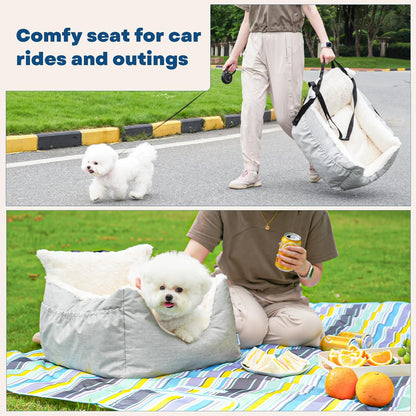 Milk and Soda Small Dog Car Seat Bed for Small Dogs Under 20 LBS with 2-Sided Pillow, Side Pockets, Built-in Leash, Machine Washable Cover, Light Gray (Gray, Small)