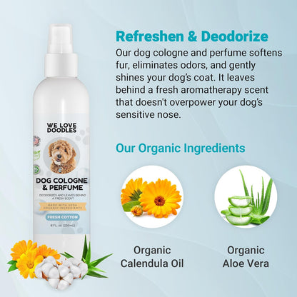 We Love Doodles 75 pcs Dog Teeth Cleaning Wipes & Dog Cologne Bundle - Pet Dental Finger Wipes for Dogs, Freshens Breath Dog Dental Wipes, Pawfume After Bath for Smelly Dogs, Fresh Cotton