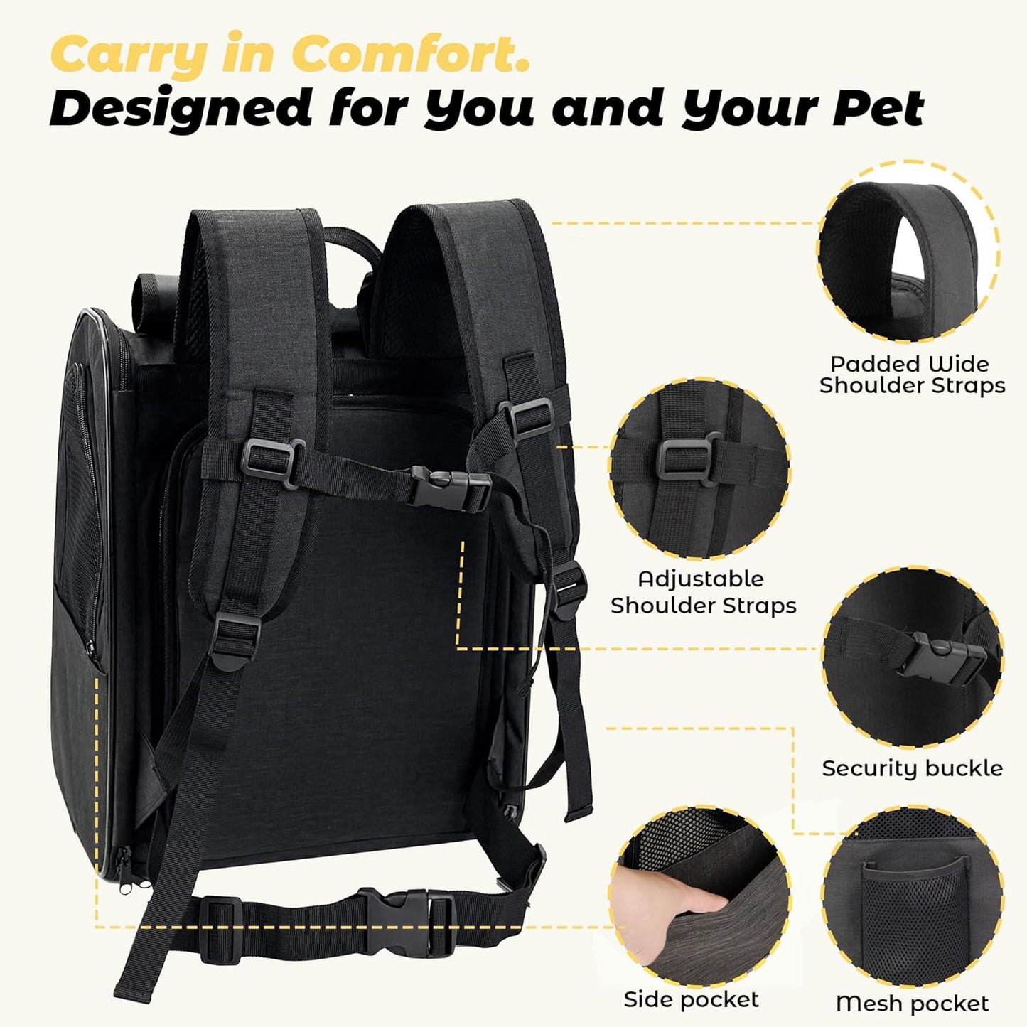 Zavothy Expandable Pet Backpack Carrier for Small Cats & Dogs, Airline Approved Travel Bag with Mesh Windows, Expandable Space, Padded Bottom, Foldable Design (Black/Grey)