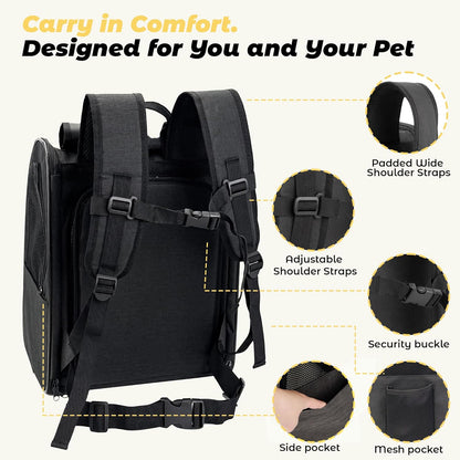 Zavothy Expandable Pet Backpack Carrier for Small Cats & Dogs, Airline Approved Travel Bag with Mesh Windows, Expandable Space, Padded Bottom, Foldable Design (Black/Grey)