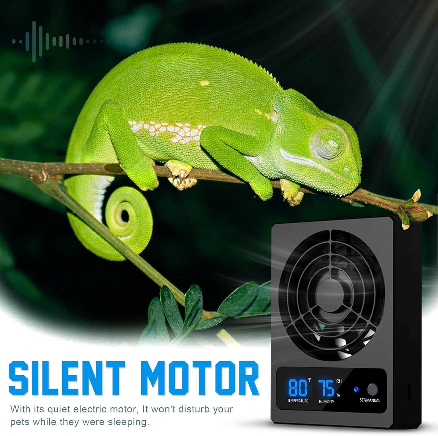 Reptile Ventilation Fan with Humidity Sensor and High-Temp Alarm, Fan Dehumidifier for Reptile Enclosure and Terrarium, Suitable for Humid Environments, Rainforest and Ecological Tanks