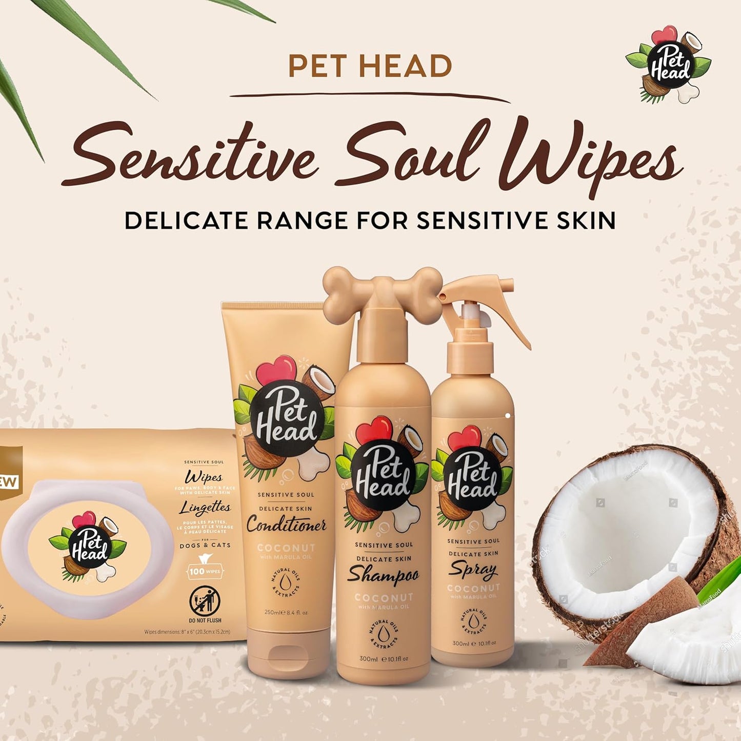 Pet Head Sensitive Soul Dog & Cat Wipes for Paws, Body & Face | Coconut Scent with Aloe Vera | Biodegradable, Plant-Based and Plastic-Free Wipes | an Easy & Speedy Freshen-Up | Made in USA | 100 Pack