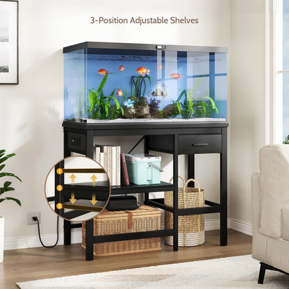 40-50 Gallon Fish Tank Stand with Power Outlet, Aquarium Stand with 3-Tier Adjustable Storage Shelves, Fish Stand with Storage Drawers, 36.6"*18.9" Tabletop (Black)