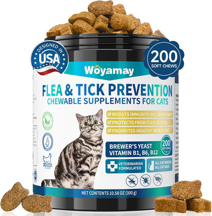 Flea Treatment for Cats, 200 Treats Flea and Tick Prevention for Cats Chewables, Natural Cat Flea and Tick Treatment Chews Daily Oral Flea Supplement, Kitten Cat Flea Treatment, Chicken Flavor