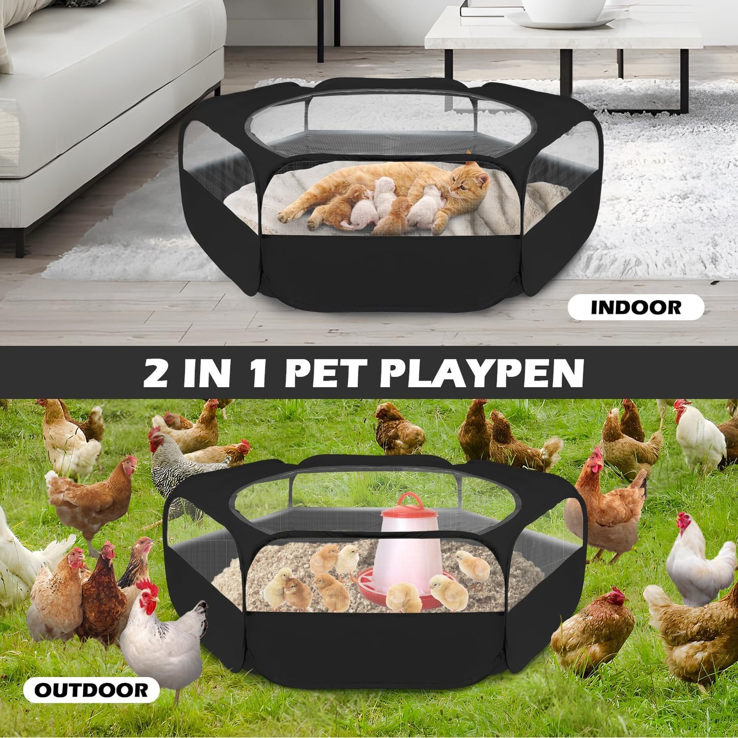 UWE Small Animal Playpen, Chicken Brooder Box with Cover Top, Portable Outdoor Exercise Pet Cage Tent, Waterproof Breathable Pet playpen Indoor for Chick Ktiien Bunny Hamster Guinea Pig, Black