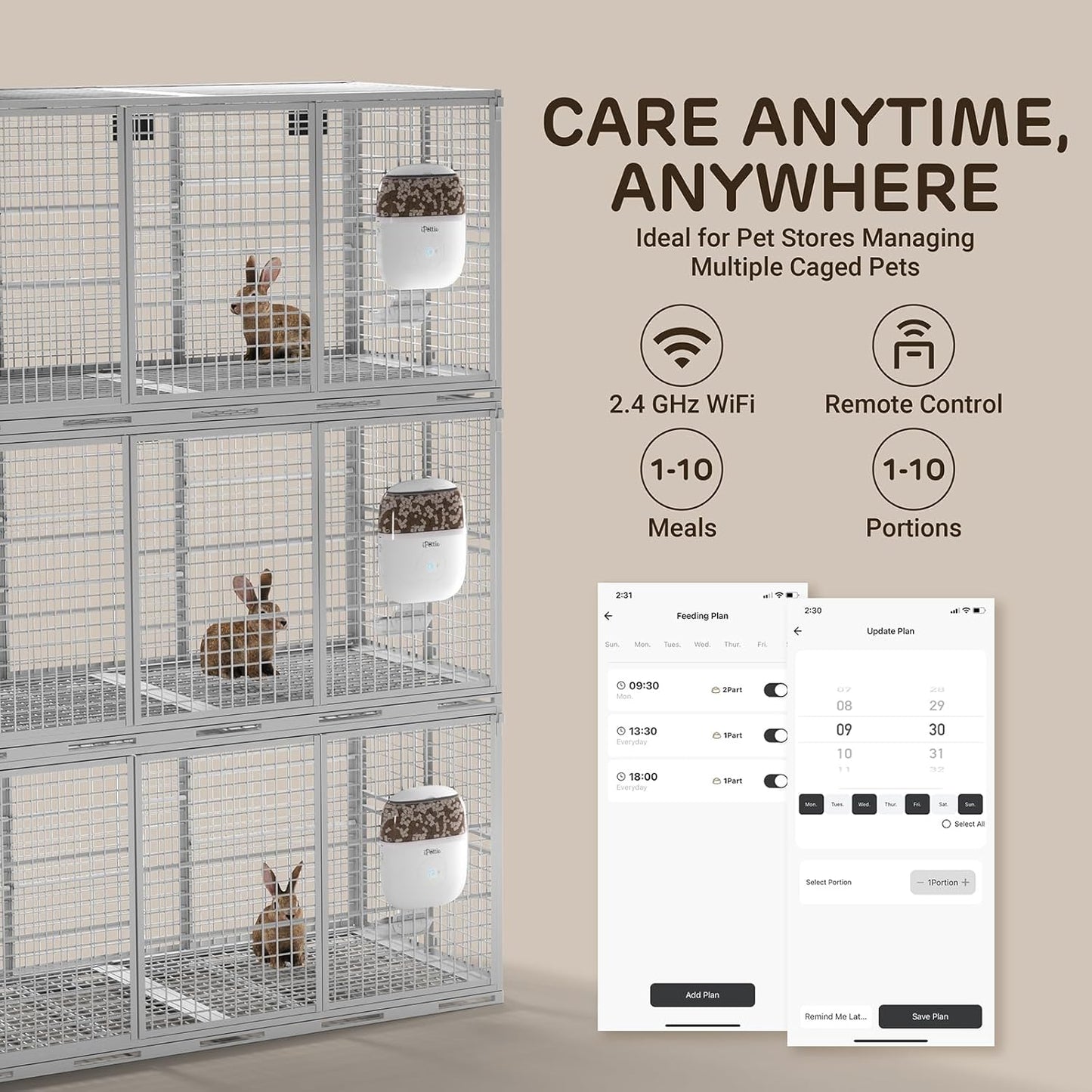 iPettie Smart WiFi Hanging Cage Feeder for Rabbits, Cats, Dogs & Hamsters - Perfect for Pet Stores, Remote & Portion Control, Timed Feeding, 62oz Capacity, Compatible with 5-30mm Dry Food